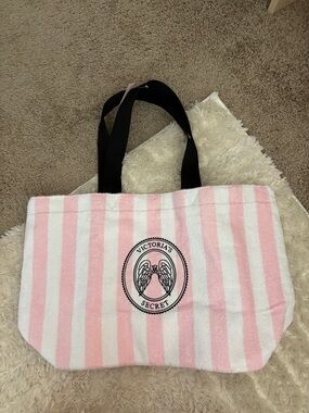 Victoria's Secret Pink and White Striped Terry Tote with Black Handles